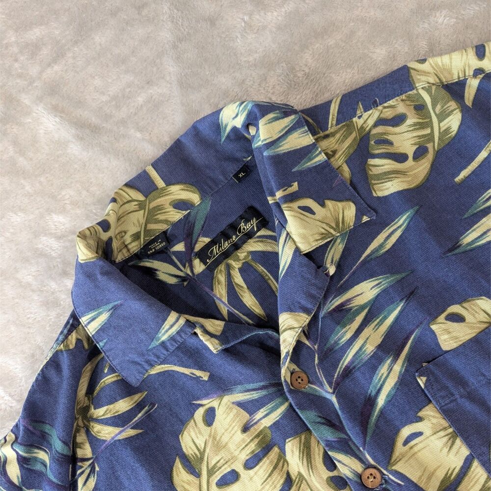 Milano Bay Hawaiian Shirt Mens XL Blue Green Monstera Palm Leaf Rayon Cotton